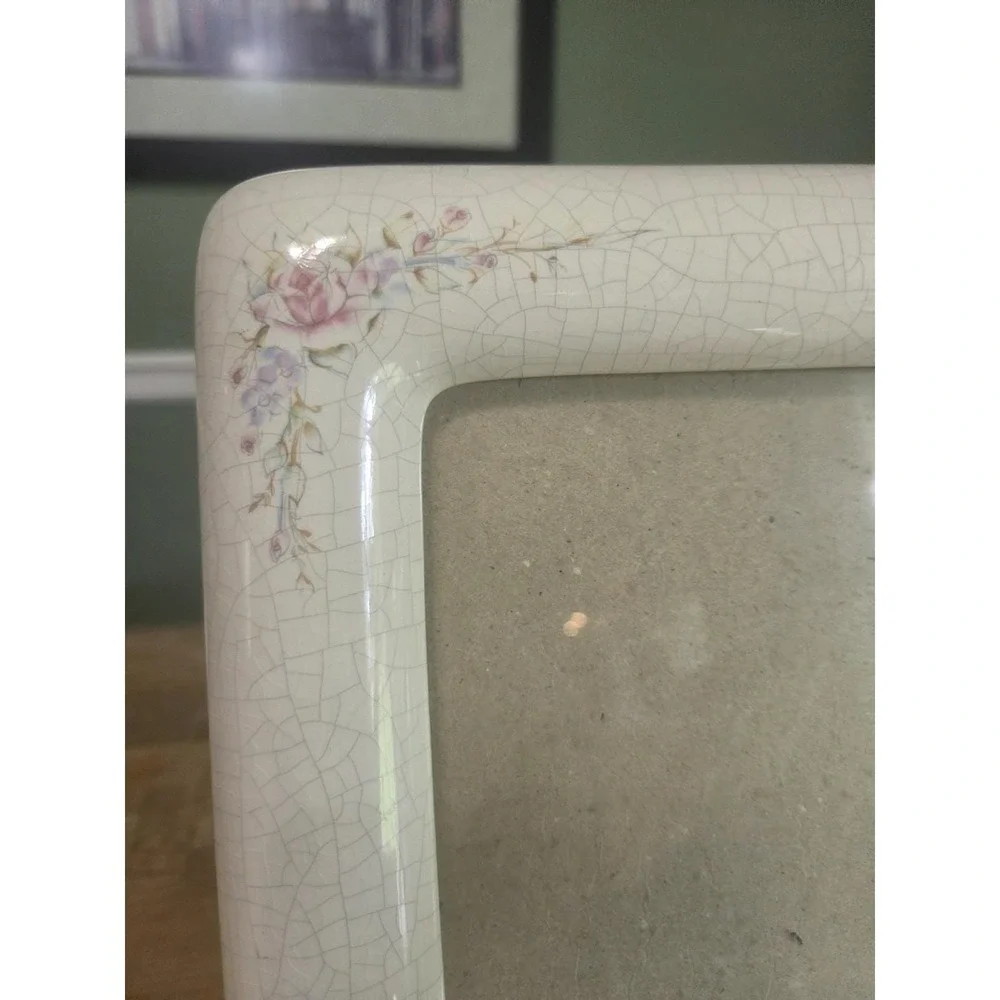 Vintage Burnes of Boston Ceramic Floral Picture Frame Cream Pink Rose 8 x 10